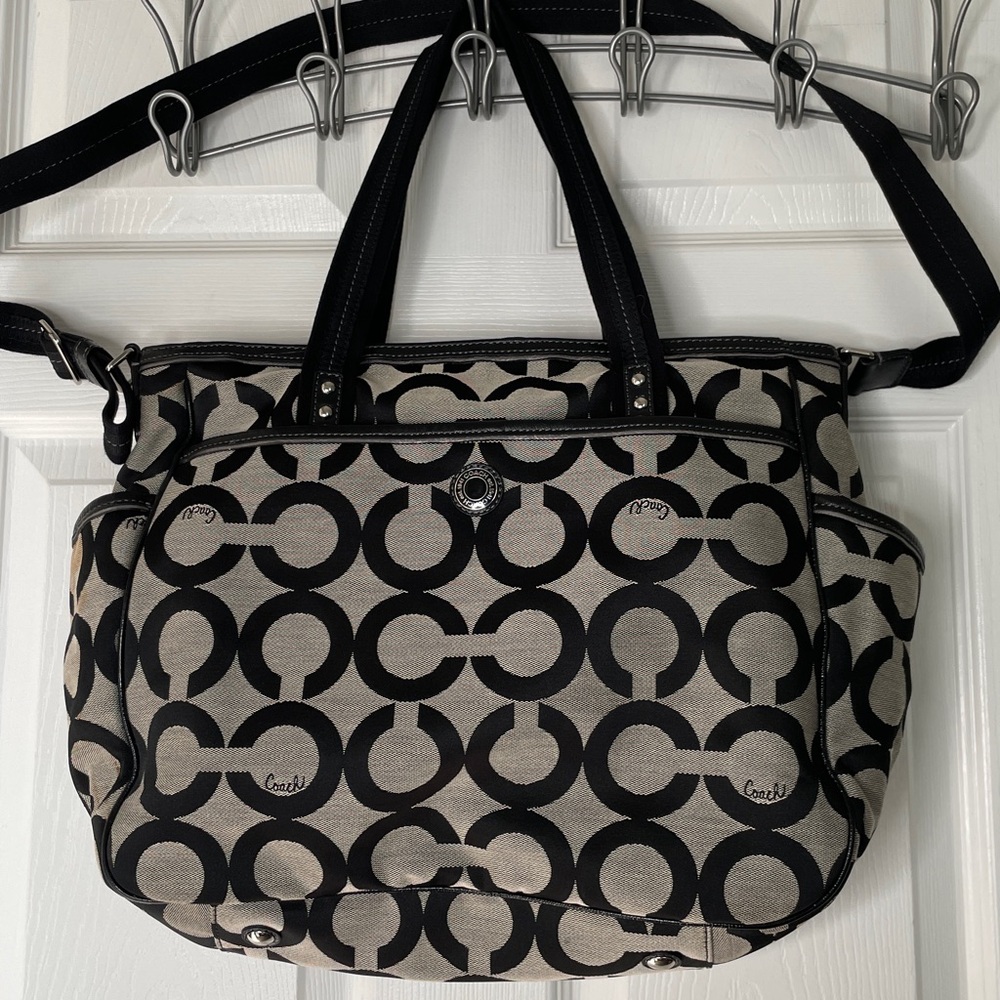 Coach Signature Logo Print Canvas with Leather Trim Diaper Bag